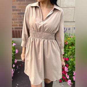 Smocked Waist V-Neck Dress | Tan Size Medium